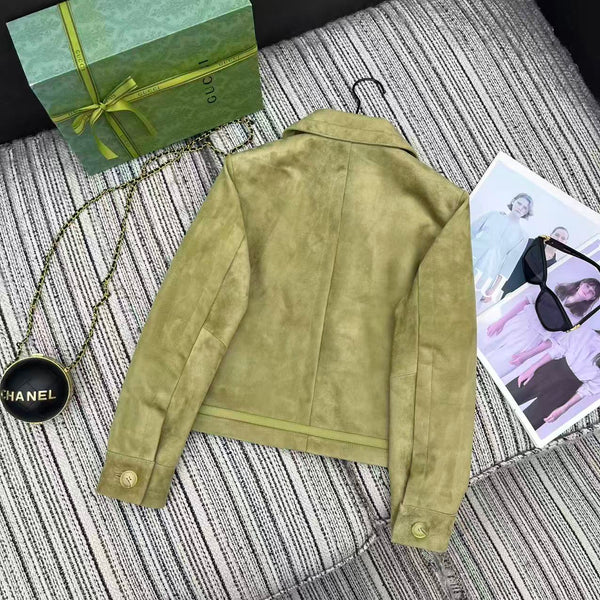 GG 25FW Metal Chain Hem Lapel Jacket Olive Green Suede Lambskin