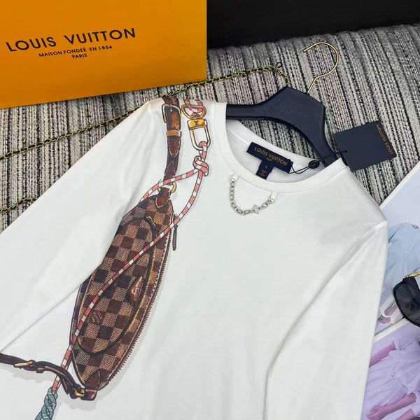LV 25Ss Monogram 3D Crossbody Bag Metal Chain White Cotton Long-Sleeve Shirt
