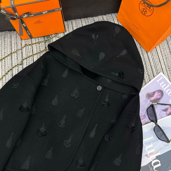 HM 25FW Hooded Double-faced Black Cashmere Short Coat