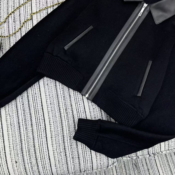 HM Patchwork Leather Lapel Double-faced Black Cashmere Jacket