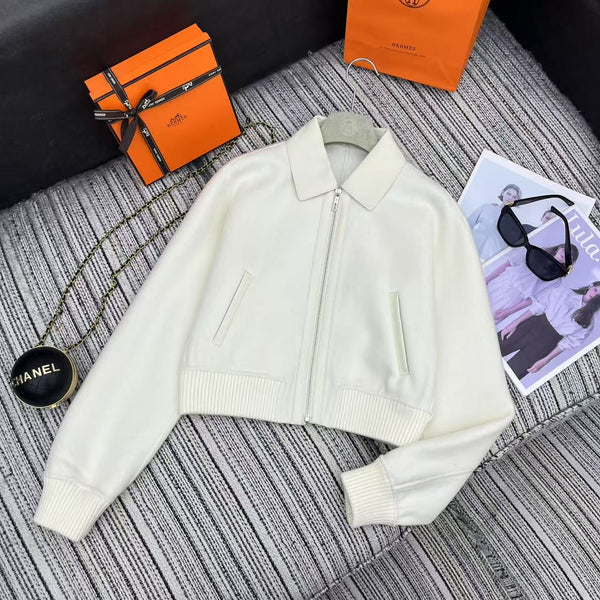 HM Patchwork Leather Lapel Double-faced White Cashmere Jacket