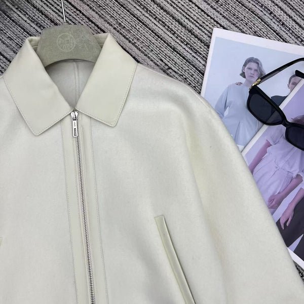 HM Patchwork Leather Lapel Double-faced White Cashmere Jacket