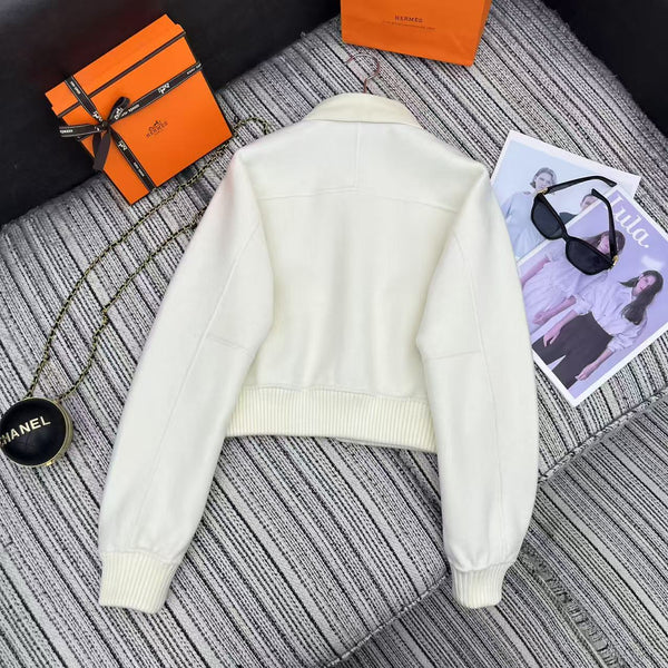 HM Patchwork Leather Lapel Double-faced White Cashmere Jacket