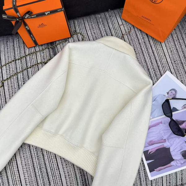 HM Patchwork Leather Lapel Double-faced White Cashmere Jacket