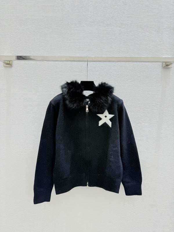 CD Feather-embellished Hooded Knit Long-sleeved Cardigan with Back Lettering