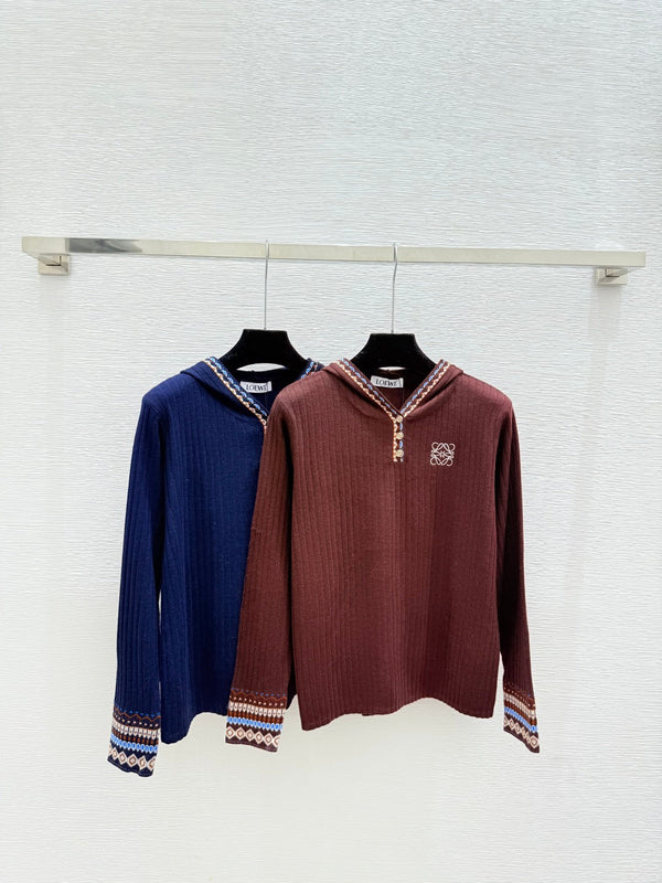 Loewe Hooded Contrast Striped Knit Wool Cashmere Long Sleeve Top