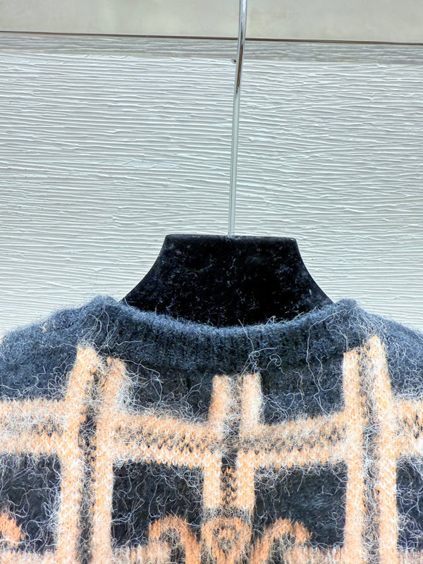 CE Contrast Color Monochrome Plaid Striped Crewneck Long Sleeve Knit Top Khaki Wool