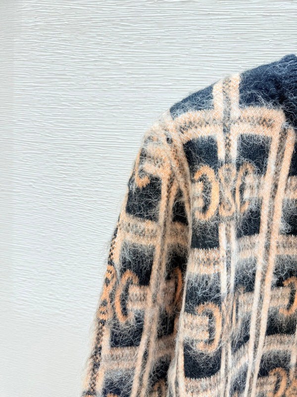 CE Contrast Color Monochrome Plaid Striped Crewneck Long Sleeve Knit Top Khaki Wool