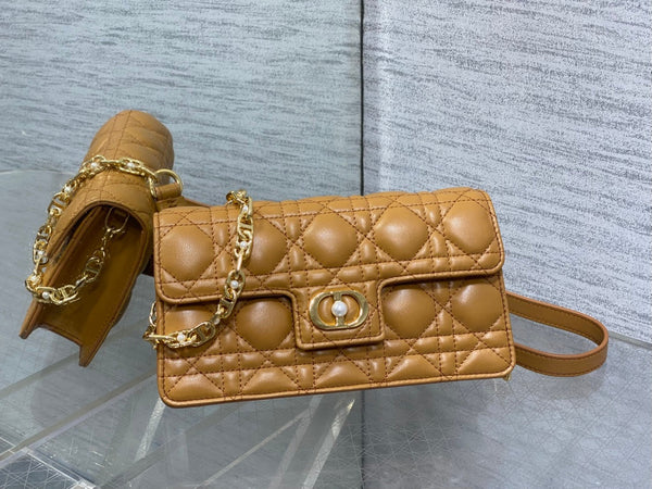 CD Pearl Chain Bag Caramel 21cm Lambskin