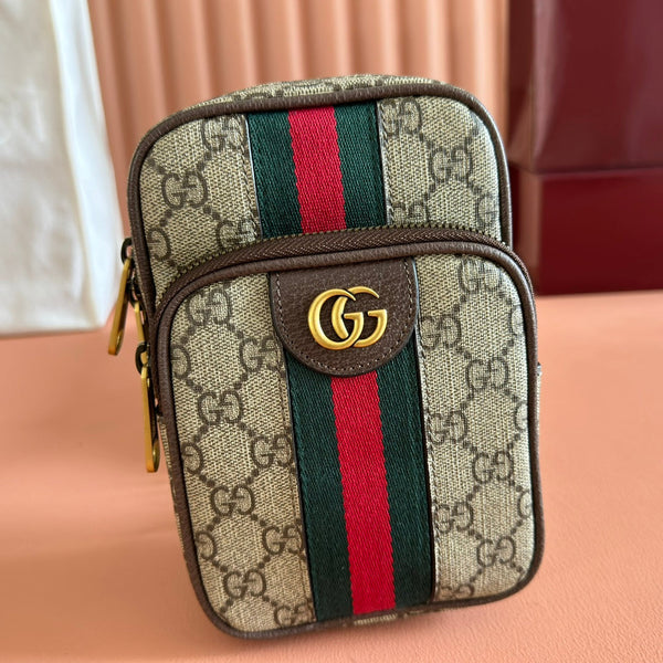 GG Ophidia GG Mini Handbag 12cm Grey and Brown Supreme Canvas