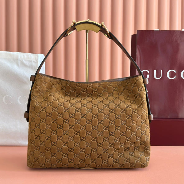 GG 25FW Beatrix Horsebit Handbag 35cm Brown Suede GHW