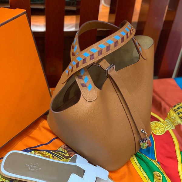 HM PICOTIN LOCK 18 COPPER EPSOM LEATHER WITH BRAID STRAP