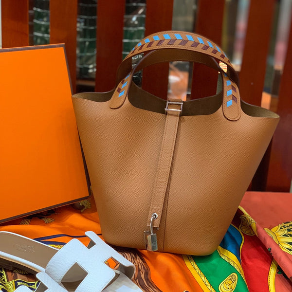 HM PICOTIN LOCK 18 COPPER EPSOM LEATHER WITH BRAID STRAP