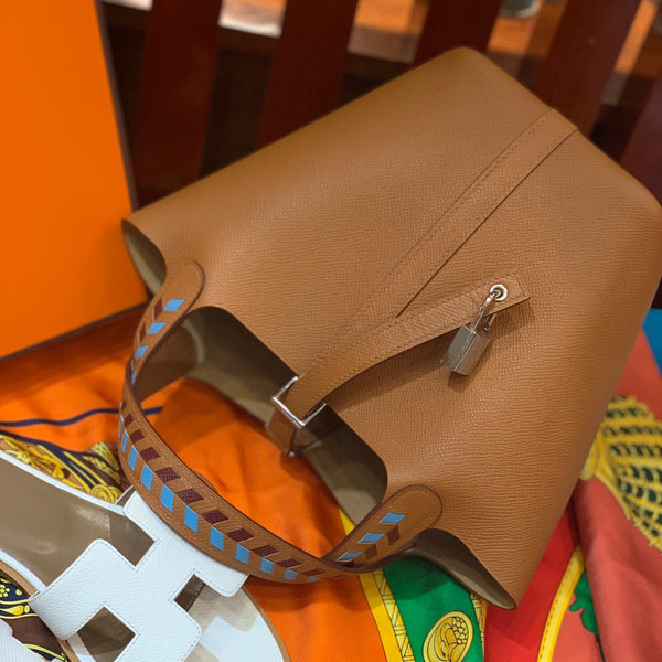 HM PICOTIN LOCK 18 COPPER EPSOM LEATHER WITH BRAID STRAP