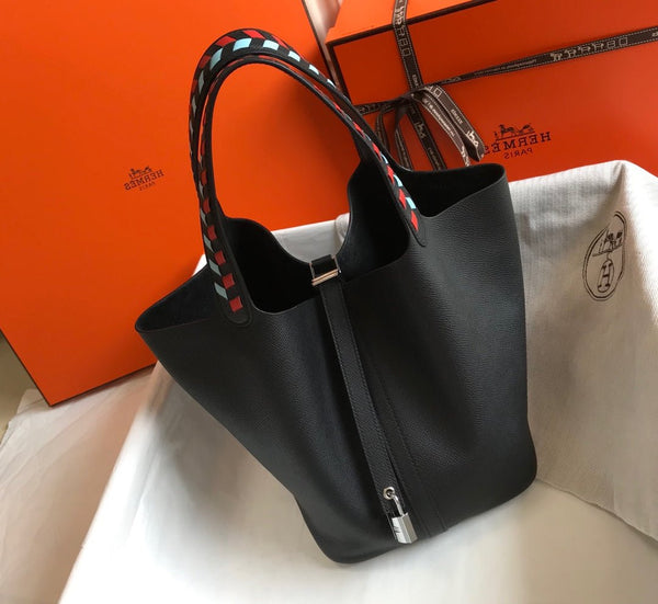HM PICOTIN LOCK 18 BLACK EPSOM LEATHER WITH BRAID STRAP