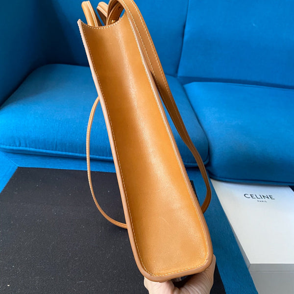 small vertical cabas 28cm beige canvas tan calfskin