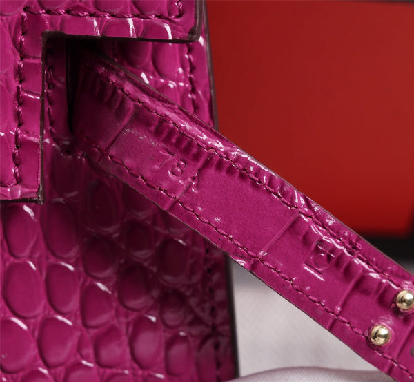 HM KELLY MINI 22 BARBIE ROSA COCCODRILLO PELLE DI VITELLO GOFFRATA FERRAMENTA ORO