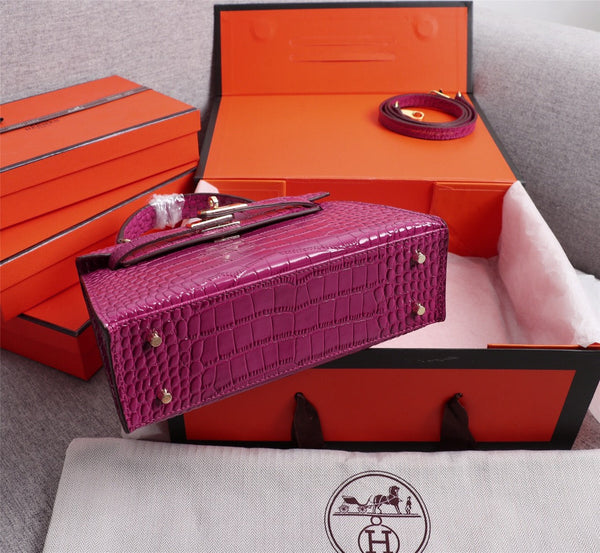 HM KELLY MINI 22 BARBIE ROSA COCCODRILLO PELLE DI VITELLO GOFFRATA FERRAMENTA ORO