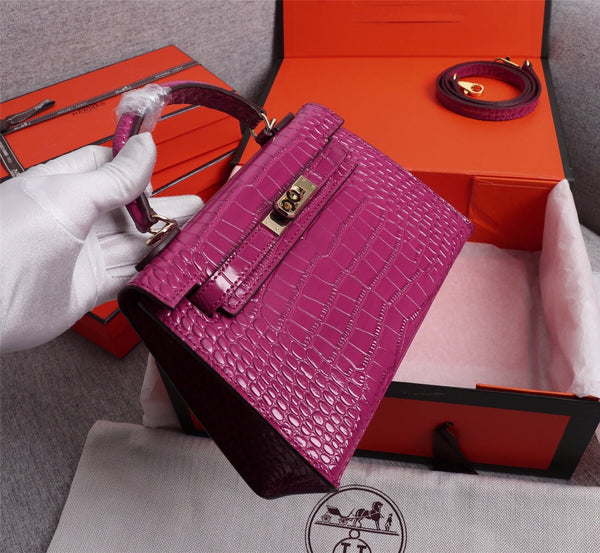 HM KELLY MINI 22 BARBIE ROSA COCCODRILLO PELLE DI VITELLO GOFFRATA FERRAMENTA ORO