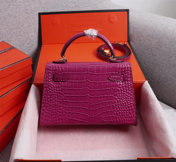 HM KELLY MINI 22 BARBIE ROSA COCCODRILLO PELLE DI VITELLO GOFFRATA FERRAMENTA ORO