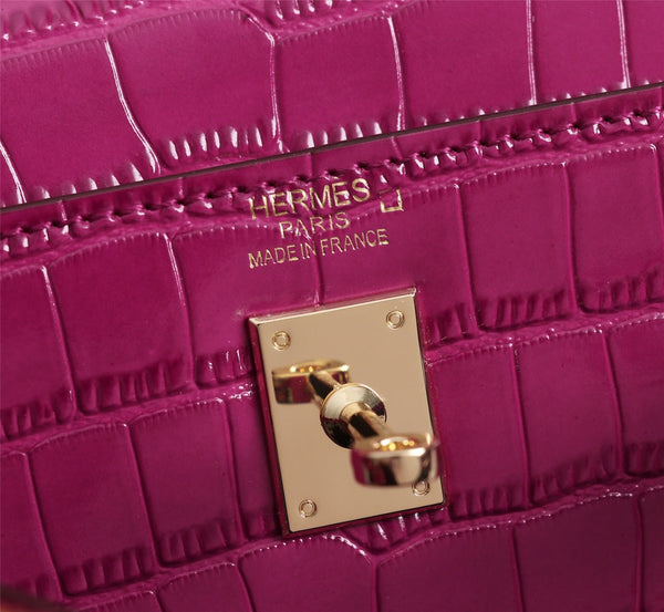 HM KELLY MINI 22 BARBIE ROSA COCCODRILLO PELLE DI VITELLO GOFFRATA FERRAMENTA ORO