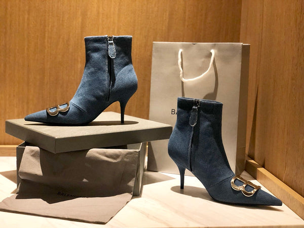 STIVALETTI A PUNTA CON TACCO ALTO 80 MM IN DENIM BLU