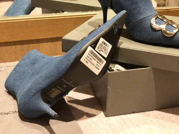 STIVALETTI A PUNTA CON TACCO ALTO 80 MM IN DENIM BLU