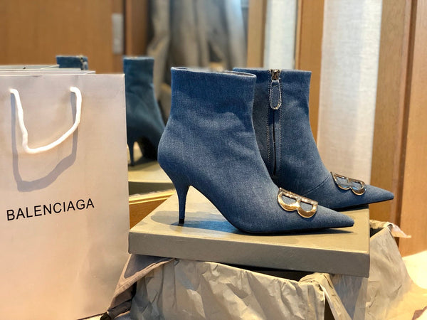 STIVALETTI A PUNTA CON TACCO ALTO 80 MM IN DENIM BLU