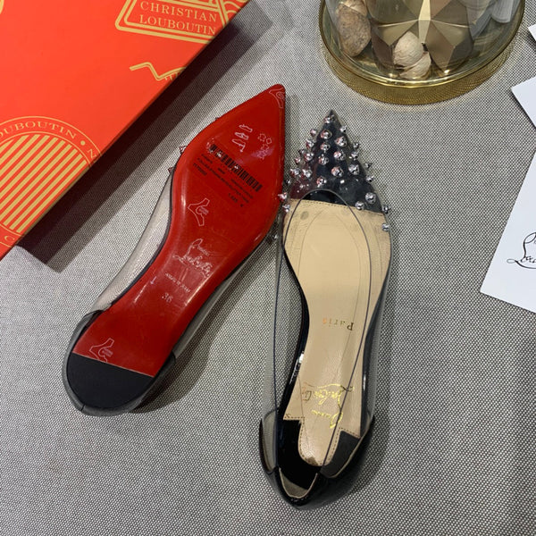 CL Collaclou Spike Clear Flat Embellished Pvc and Patent Leather Black