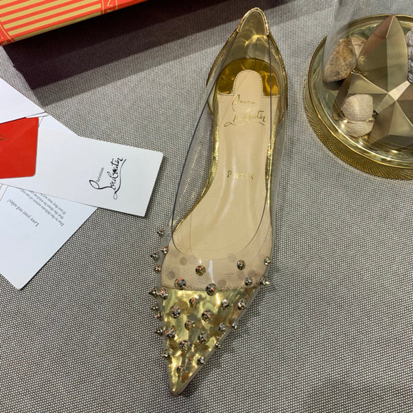 CL Collaclou Spike Clear Flat Embellished Pvc and Metallic Leather Gold