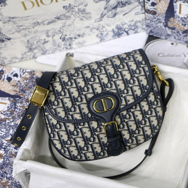 MEDIUM CD BOBBY 22CM BLUE OBLIQUE EMBROIDEDERED CANVAS GOLD HARDWARE