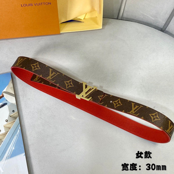CINTURA REVERSIBILE LV INITIALS 30 MM IN MONOGRAMMA MARRONE E PELLE DI VITELLO ROSSO CILIEGIA, FERRAMENTA ORO
