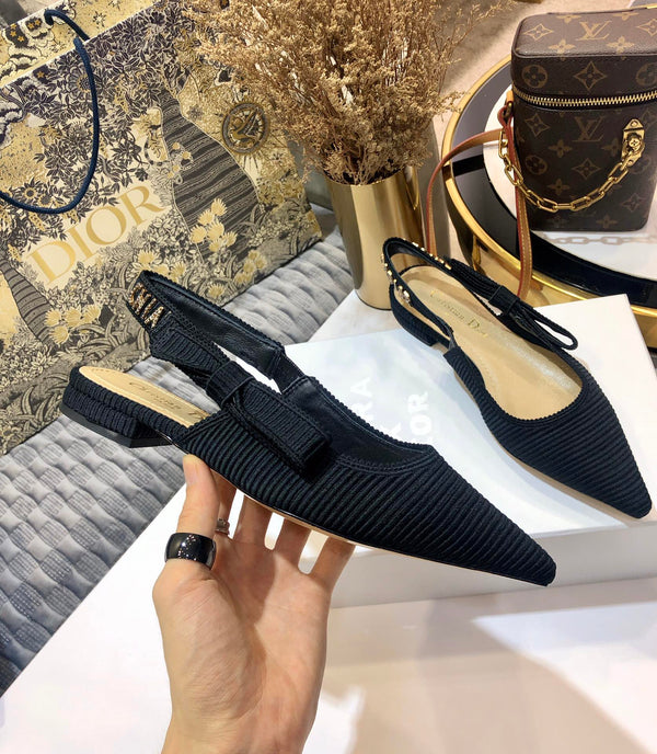 JAdior slingback flat all black embroidered cotton