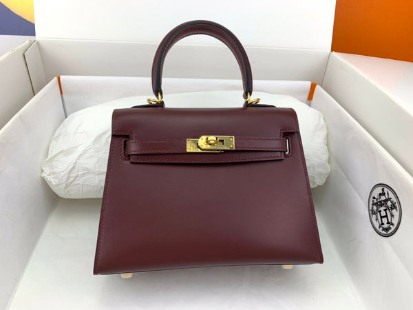KELLY MINI 20 BAG IN WINE RED SMOOTH CALFSKIN WITH GOLD HARDWARE (MADE - TO - ODER)