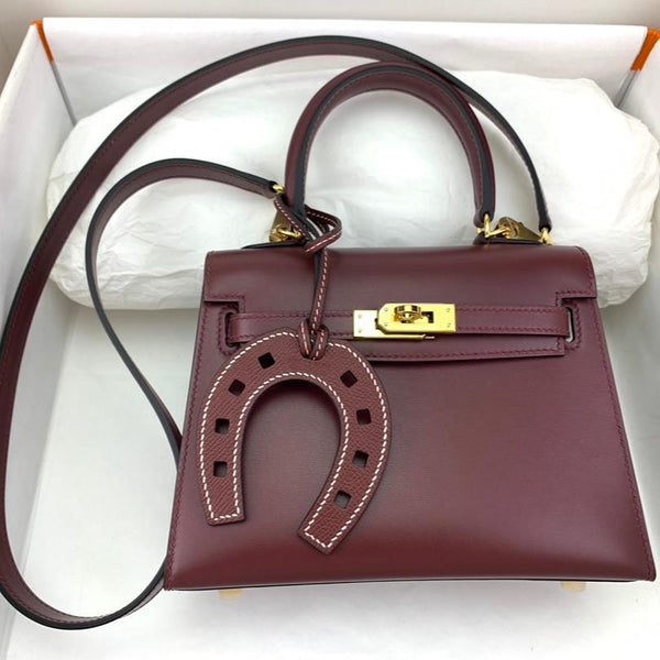 KELLY MINI 20 BAG IN WINE RED SMOOTH CALFSKIN WITH GOLD HARDWARE (MADE - TO - ODER)