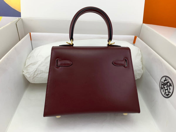 KELLY MINI 20 BAG IN WINE RED SMOOTH CALFSKIN WITH GOLD HARDWARE (MADE - TO - ODER)