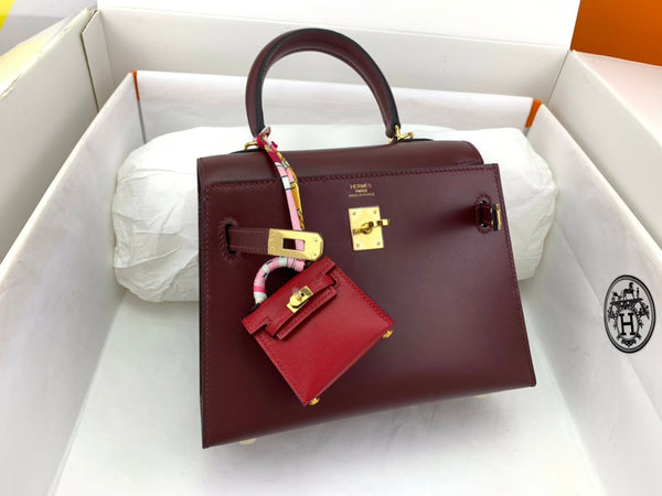 KELLY MINI 20 BAG IN WINE RED SMOOTH CALFSKIN WITH GOLD HARDWARE (MADE - TO - ODER)