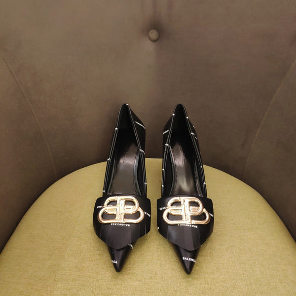 POINTED TOE PUMPS BLACK WITH LOGO PRINT SMOOTH CALFSKIN