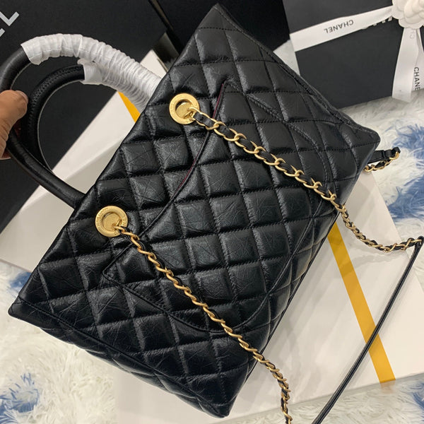 borsa shopping cc 30cm nera trapuntata in pelle di vitello invecchiata ghw