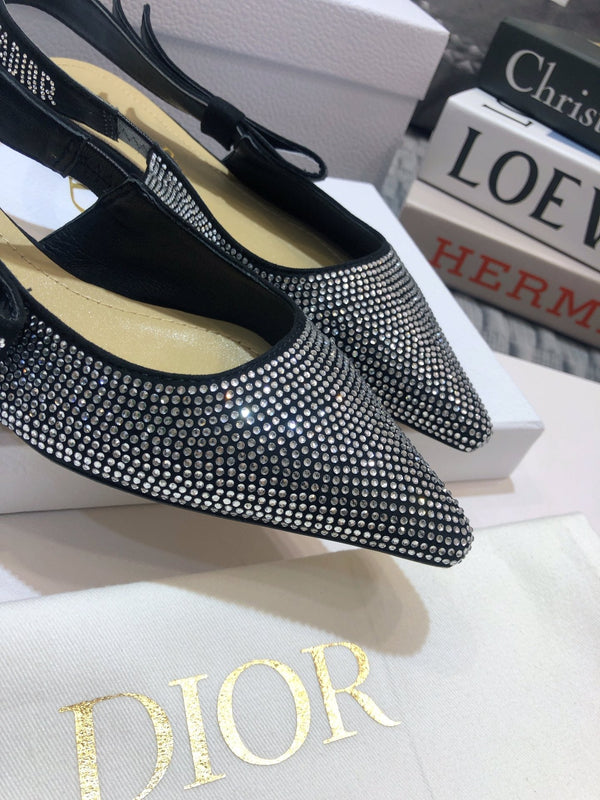 JAdior slingback flat nero con cristalli diamantati e tacco a spillo