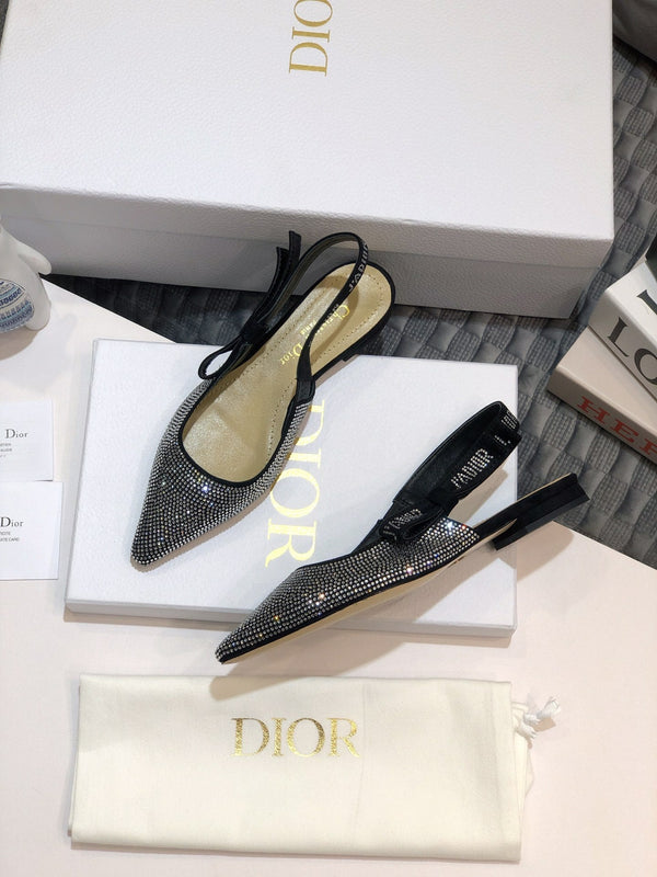 JAdior slingback flat nero con cristalli diamantati e tacco a spillo