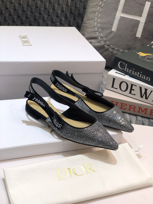 JAdior slingback flat nero con cristalli diamantati e tacco a spillo