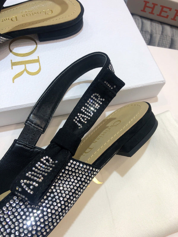 JAdior slingback flat nero con cristalli diamantati e tacco a spillo