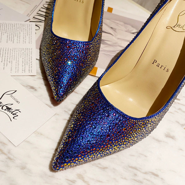 CL Kate Strass Degrade Pumps 100mm Suede Blue