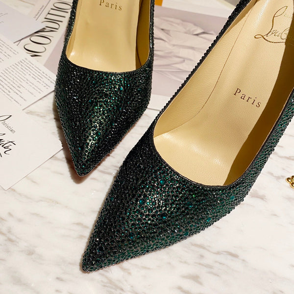 CL Kate Strass Degrade Pumps 100mm Suede Green