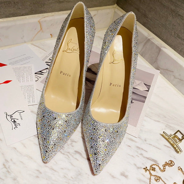 CL Kate Strass Degrade Pumps 100mm Suede Silver