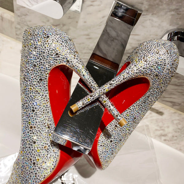 CL Kate Strass Degrade Pumps 100mm Suede Silver