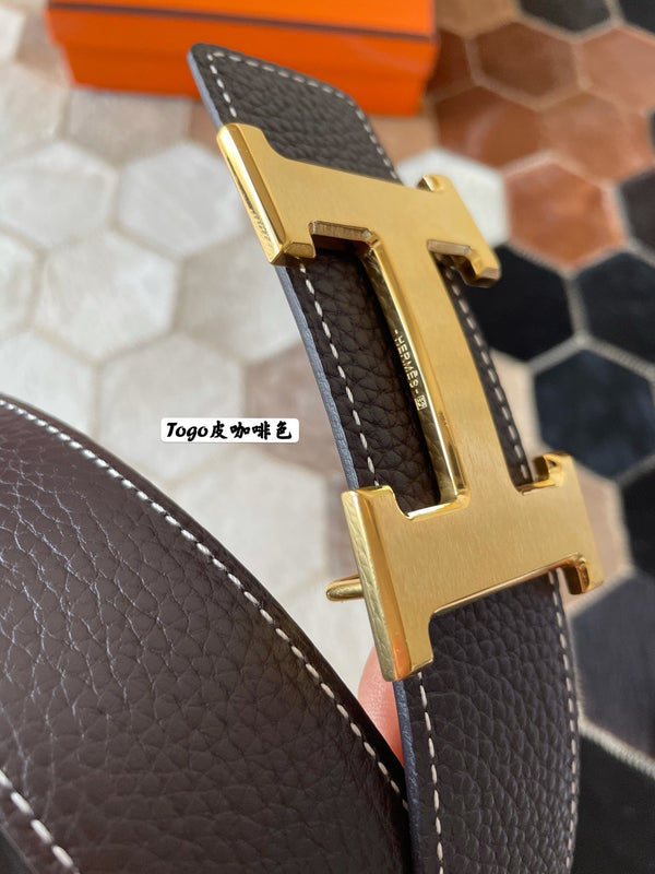 HM CONSTANCE BELT BUCKLE & REVERSIBLE CHOCOLATE BROWN LEATHER STRAP 38MM GOLD HARDWARE