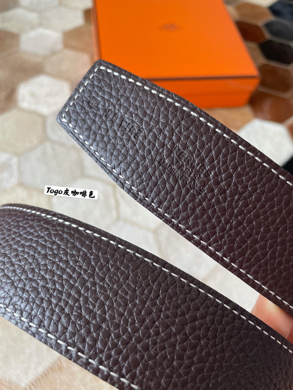 HM CONSTANCE BELT BUCKLE & REVERSIBLE CHOCOLATE BROWN LEATHER STRAP 38MM GOLD HARDWARE