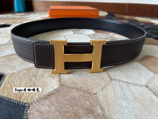 HM CONSTANCE BELT BUCKLE & REVERSIBLE CHOCOLATE BROWN LEATHER STRAP 38MM GOLD HARDWARE